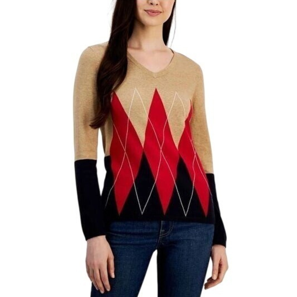 Tommy Hilfiger V-Neck Argyle Cotton Sweater - Women's Medium